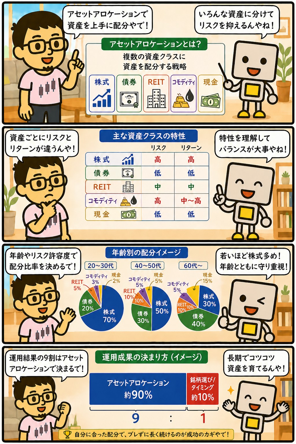 アセットアロケーションの仕組みと配分例を解説する4コマ漫画