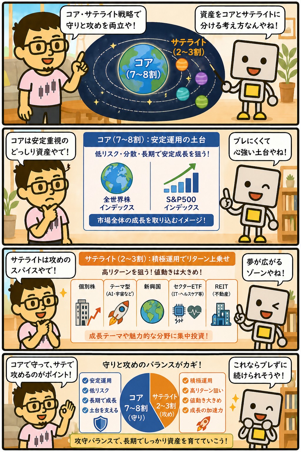 コア・サテライト戦略で守りと攻めを両立する仕組みを解説する4コマ漫画