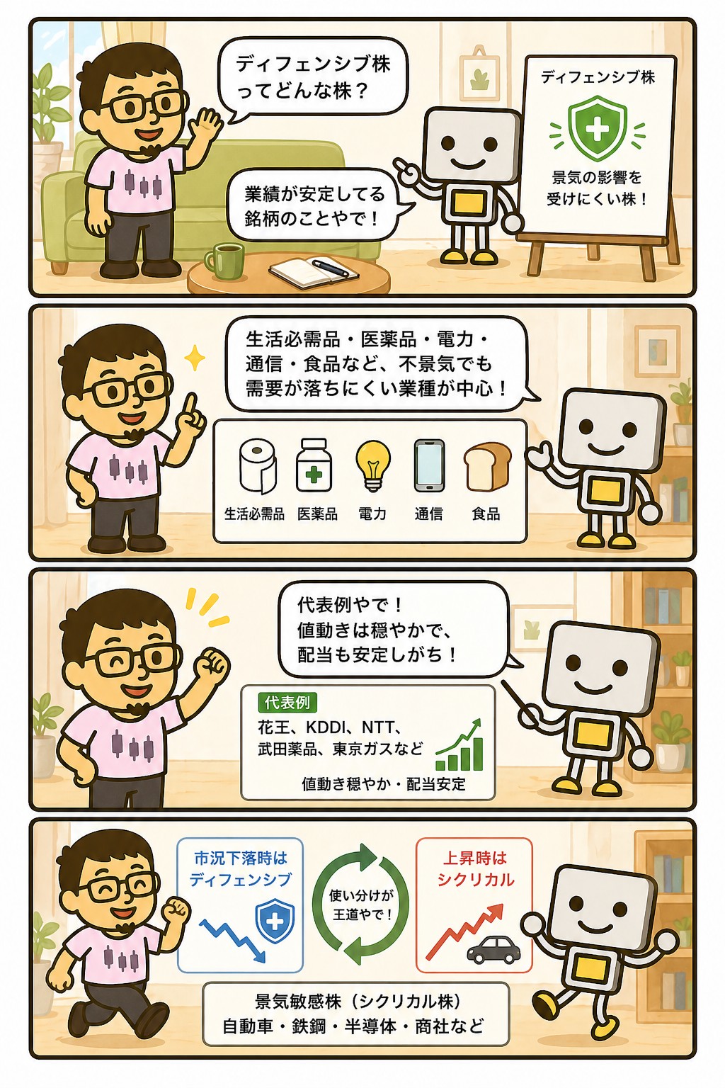 まぐとチャッピーの投資マンガ:ディフェンシブ株とは
