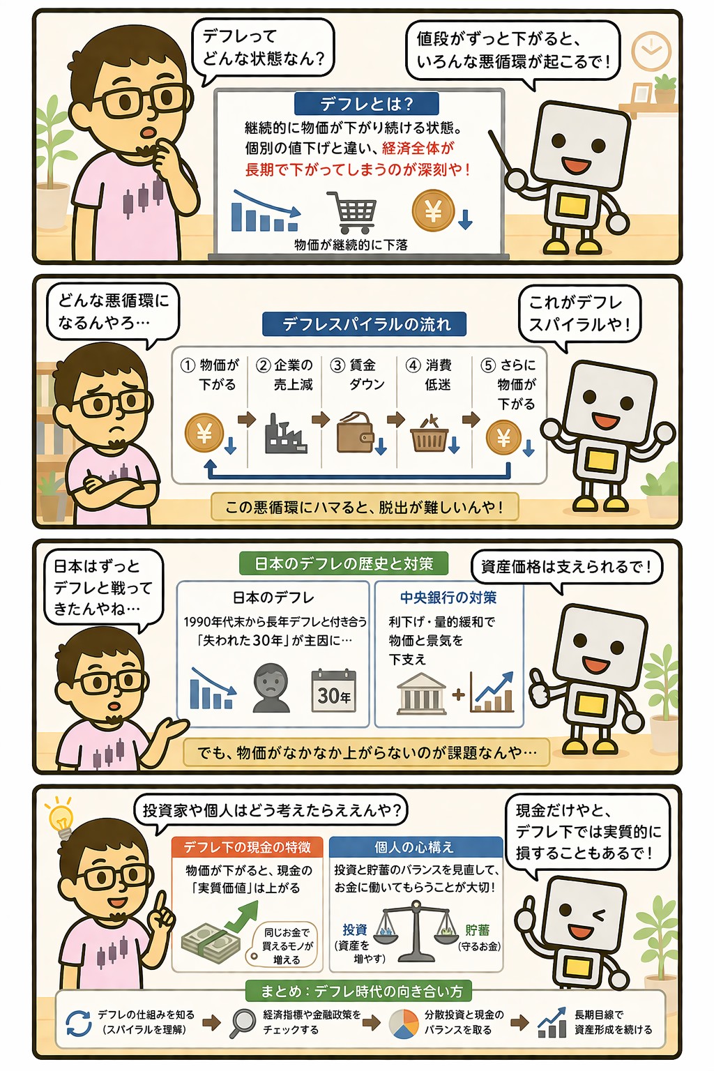 デフレとスパイラル・日本経済への影響を解説する4コマ漫画