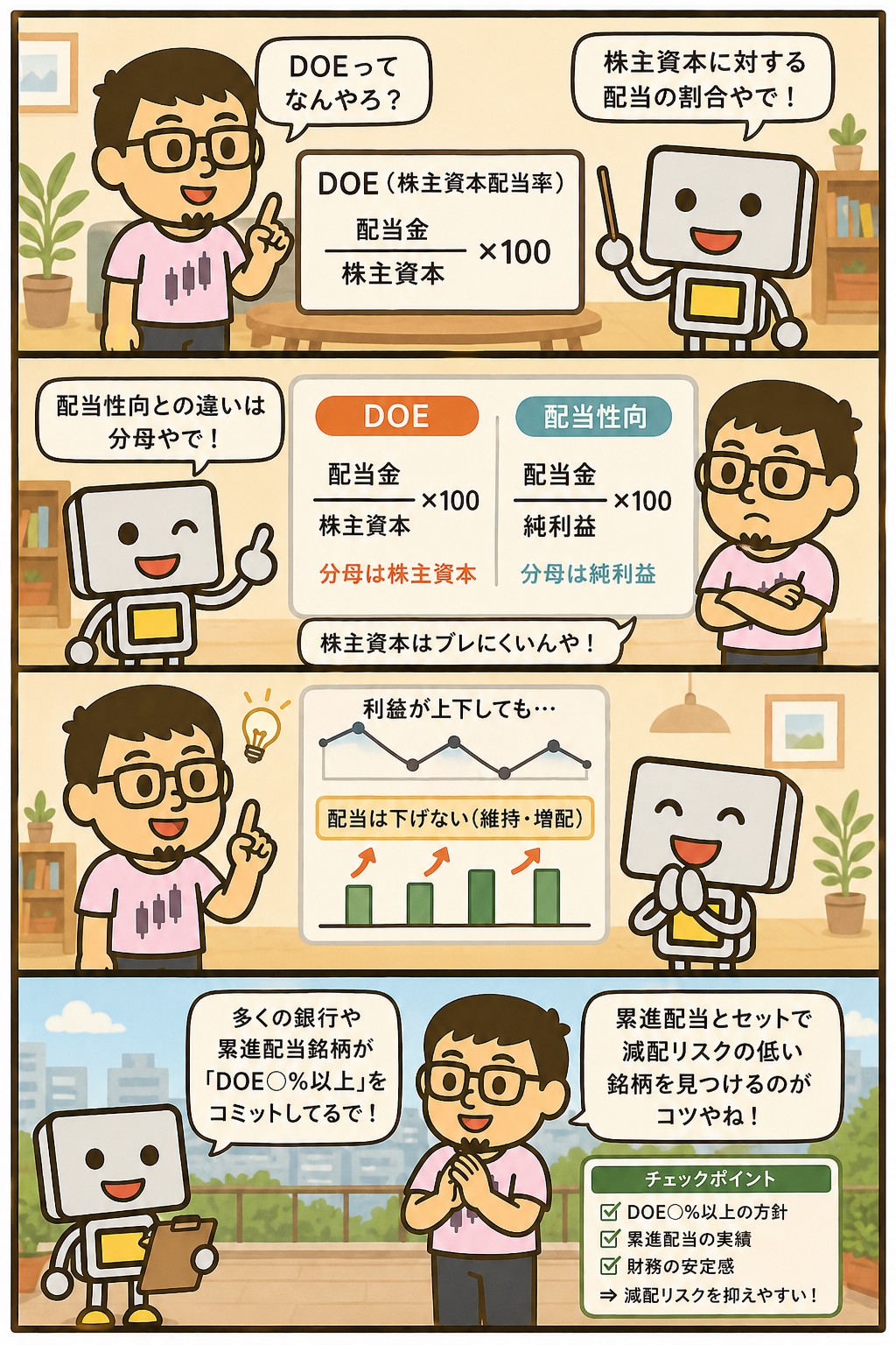 DOE(株主資本配当率)と累進配当を解説する4コマ漫画