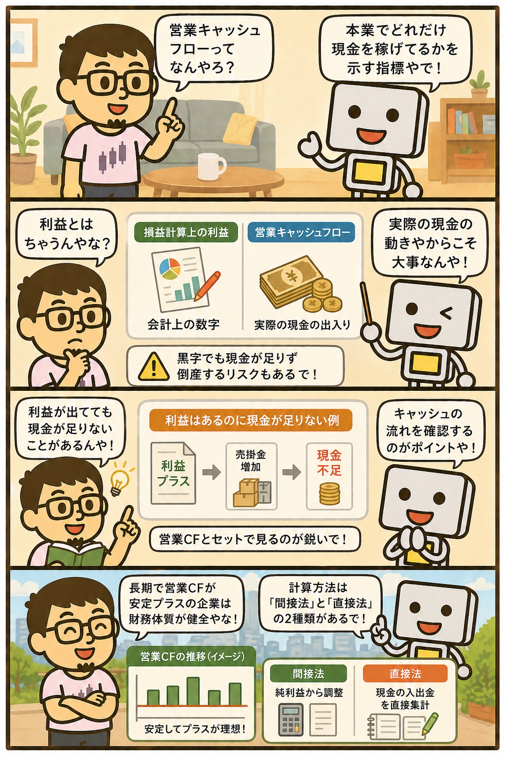 営業キャッシュフローの見方と重要性を解説する4コマ漫画