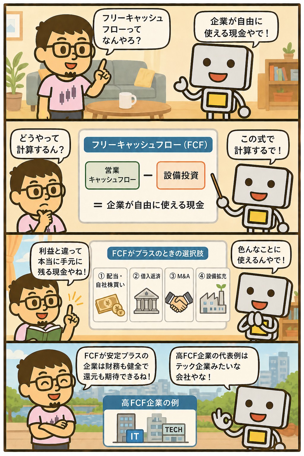 フリーキャッシュフローの計算式と見方を解説する4コマ漫画