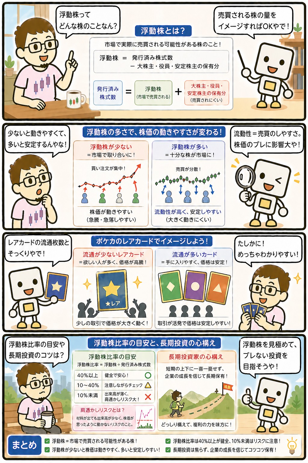浮動株と流動性・株価への影響を解説する4コマ漫画