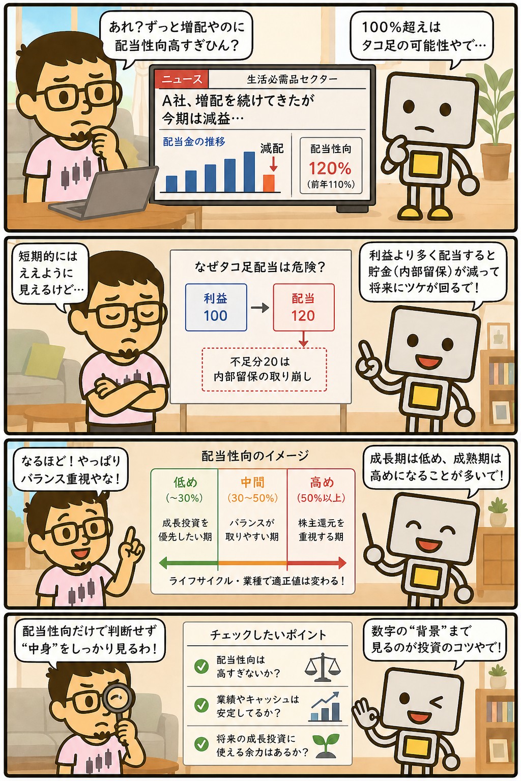 配当性向の見方とタコ足配当のリスクを解説する4コマ漫画
