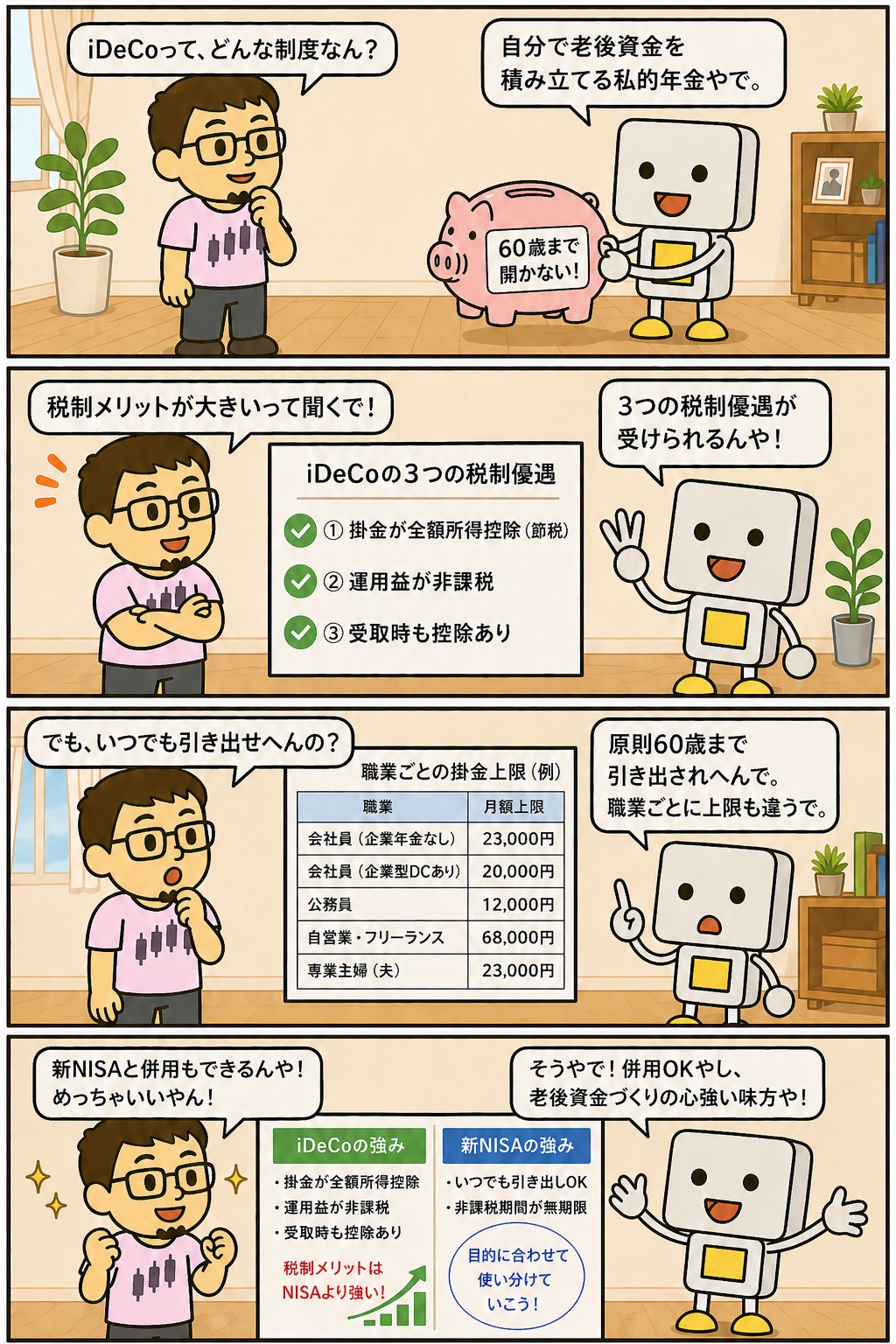 iDeCoの仕組みと税制優遇を解説する4コマ漫画