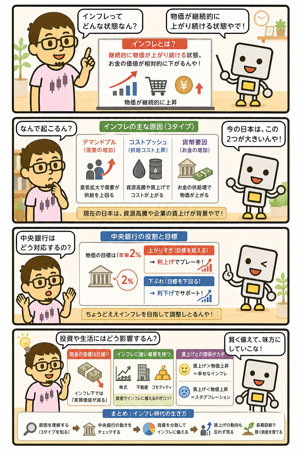 インフレの原因と投資への影響を解説する4コマ漫画