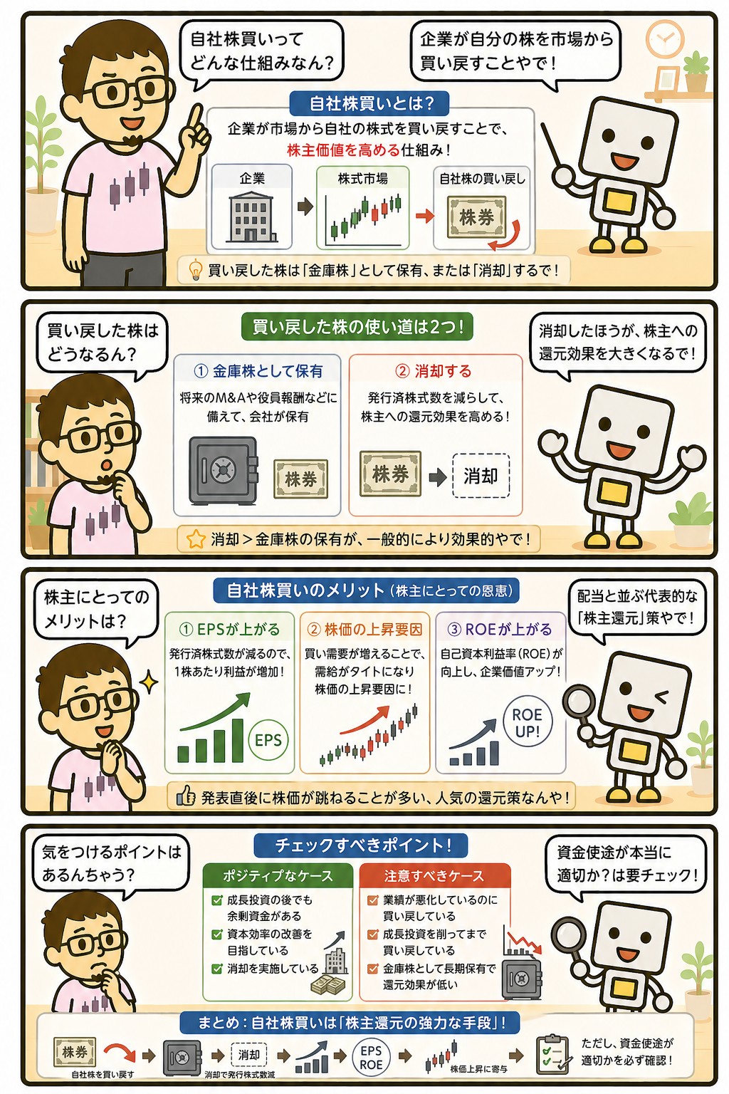 自社株買いと株主還元の仕組みを解説する4コマ漫画