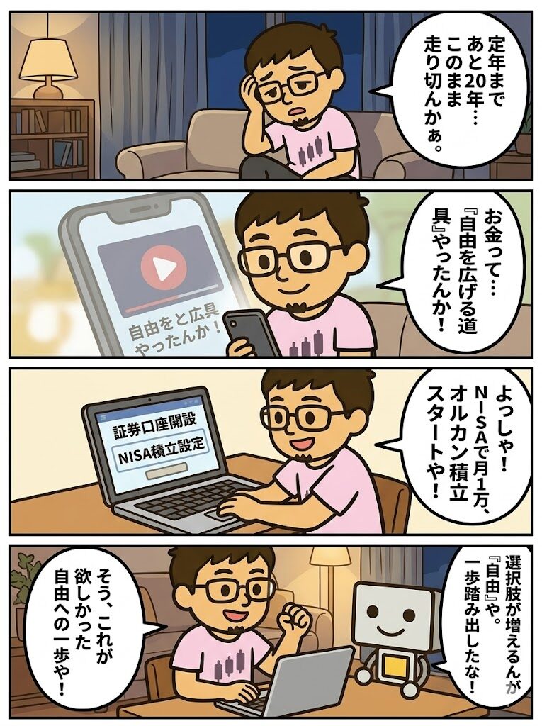 「お金が欲しいんじゃない、自由が欲しかった」をテーマにした4コマ漫画。まぐが仕事のしんどさから自由に気づき、NISA積立を始め、選択肢が増えることを実感する流れ