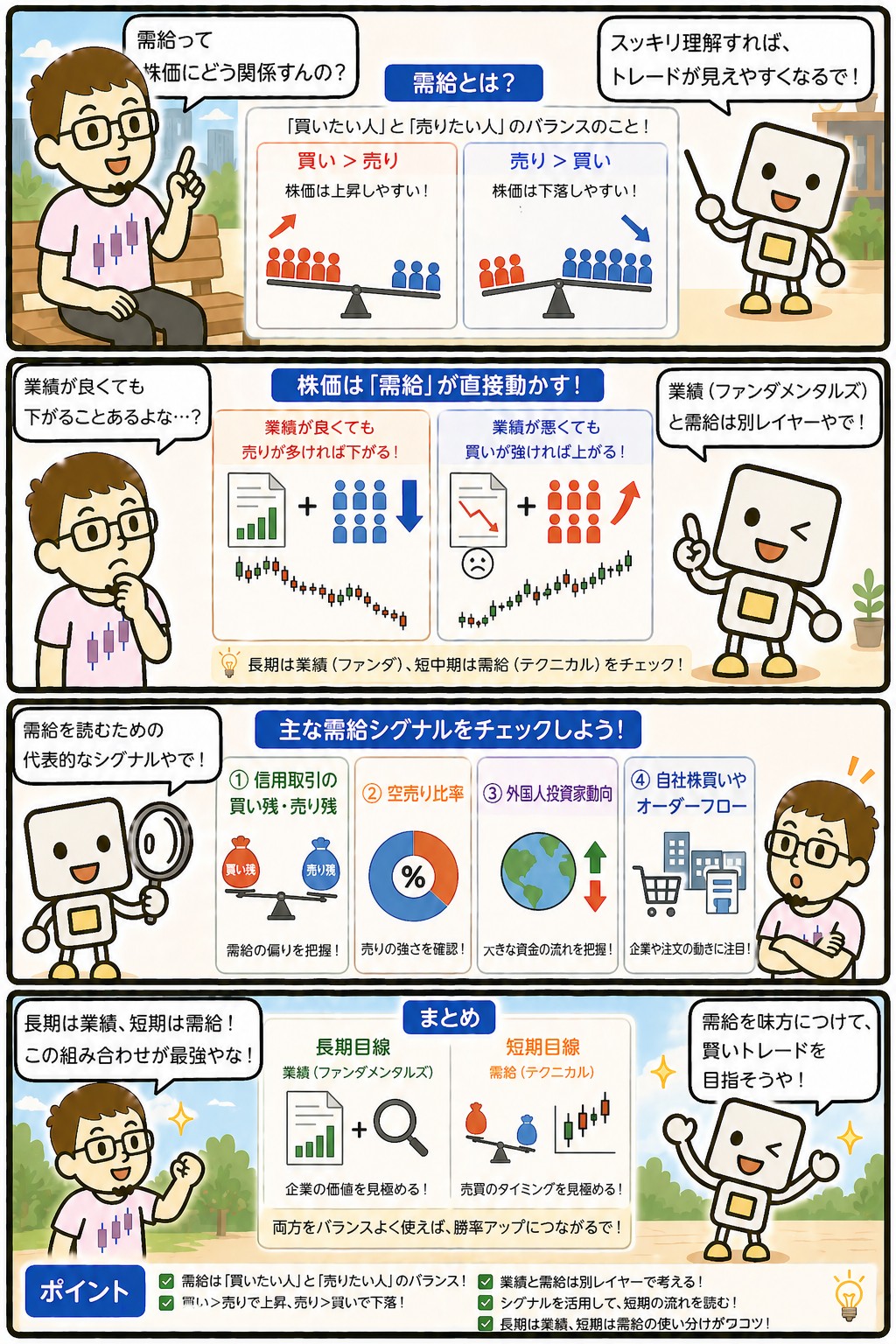 需給と株価の関係を解説する4コマ漫画