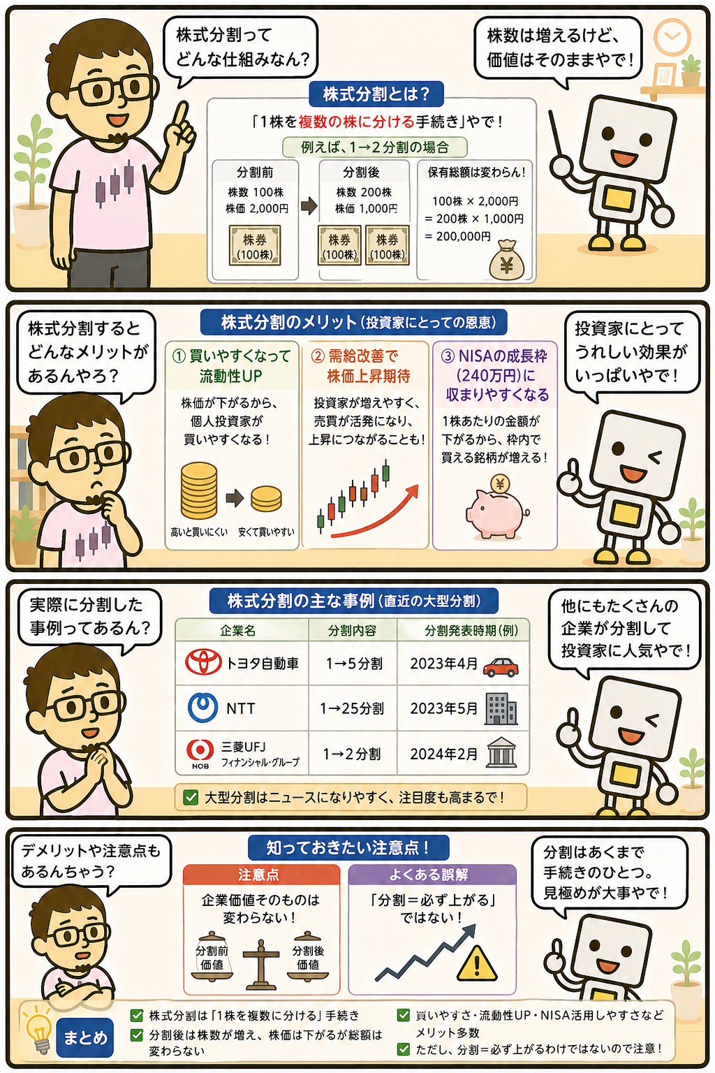 株式分割の仕組みとメリットを解説する4コマ漫画