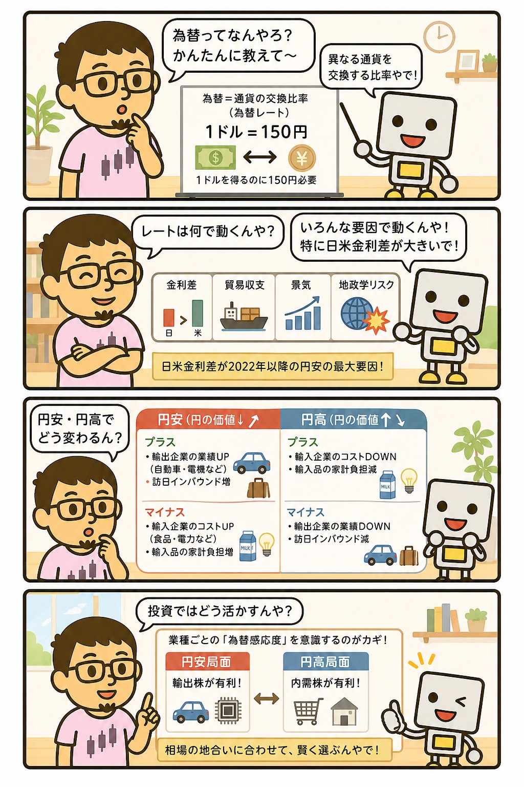 円安円高と投資への影響を解説する4コマ漫画