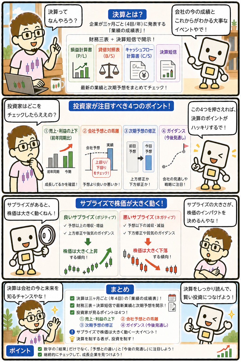 決算と投資家が注目すべきポイントを解説する4コマ漫画