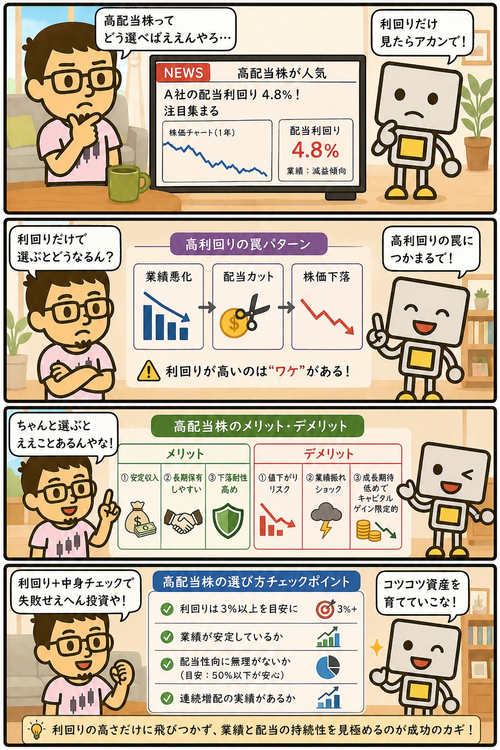 高配当株の銘柄選び方とメリット・デメリットを解説する4コマ漫画
