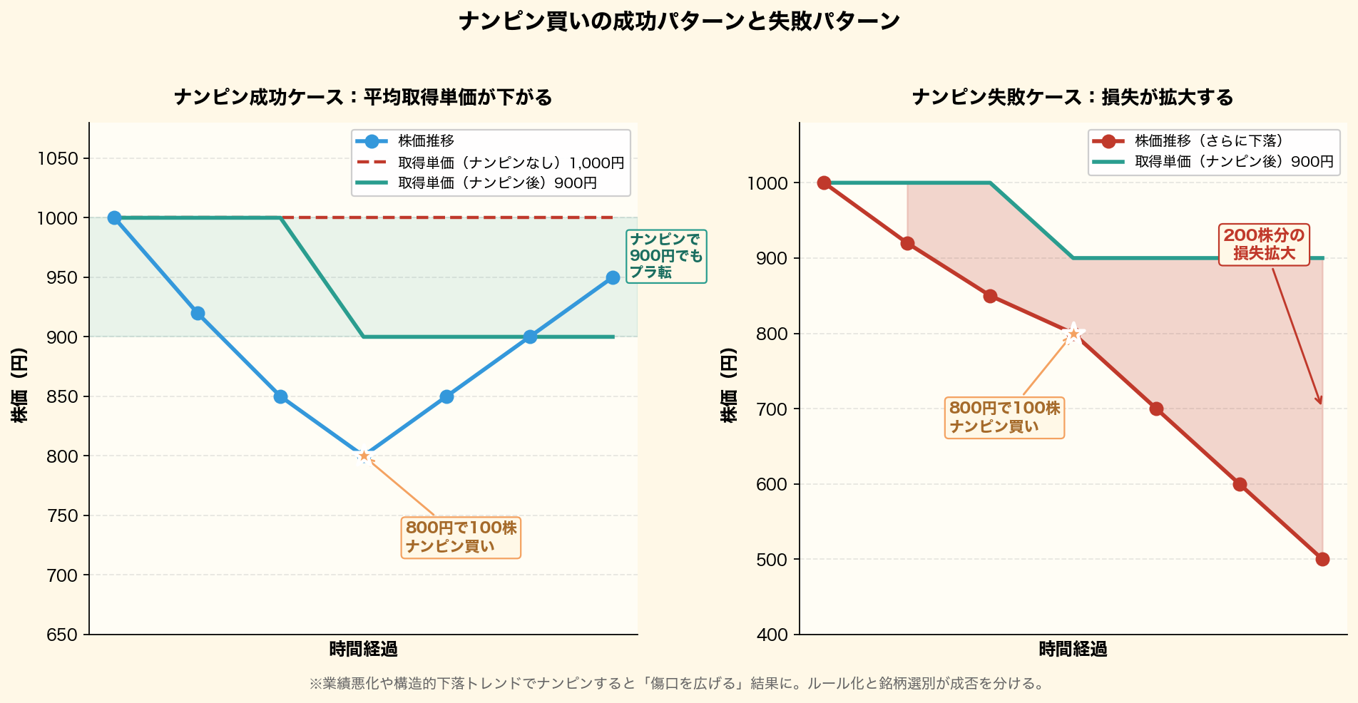 ナンピン買いの成功パターンと失敗パターンを2パネルで可視化。左:株価800円でナンピン後、900円まで回復で損益分岐達成。右:ナンピン後もさらに下落し200株分の損失が拡大するケース