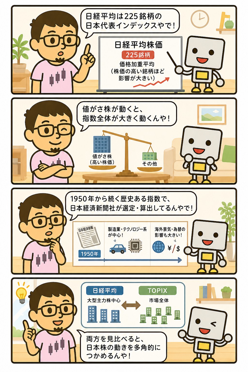 日経平均株価の仕組みとTOPIXとの違いを解説する4コマ漫画