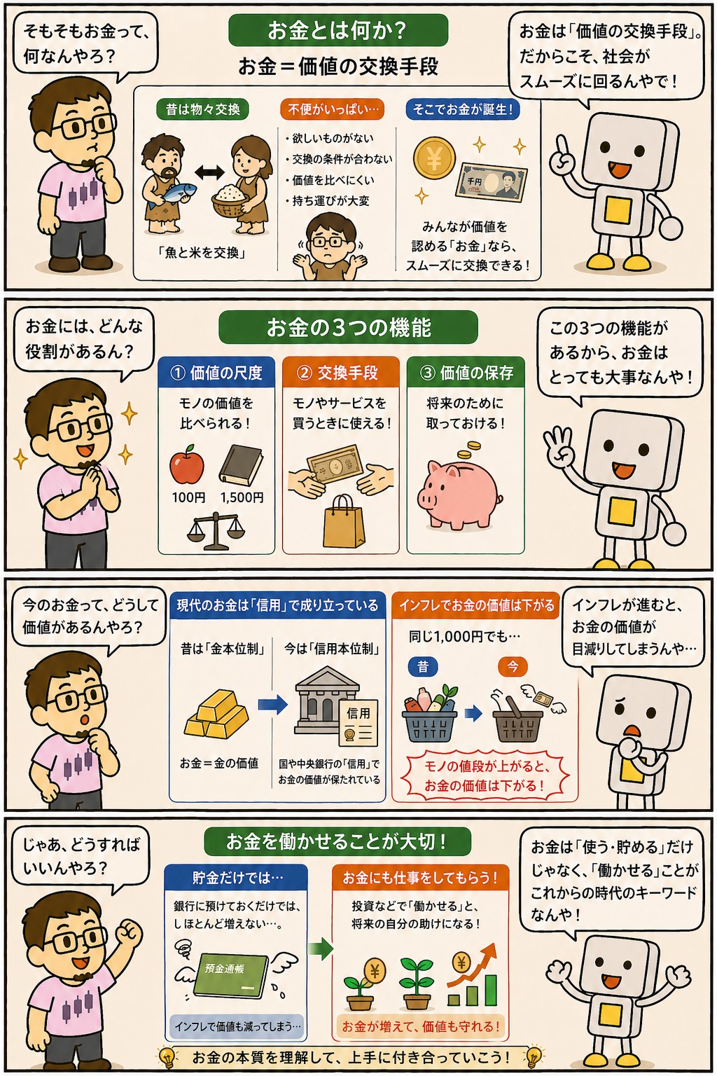 お金の本質と機能・インフレ・運用の必要性を解説する4コマ漫画