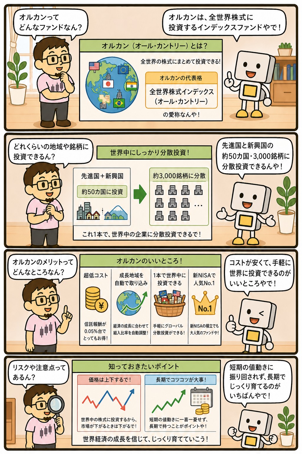 オルカン(全世界株式インデックス)の特徴と魅力を解説する4コマ漫画