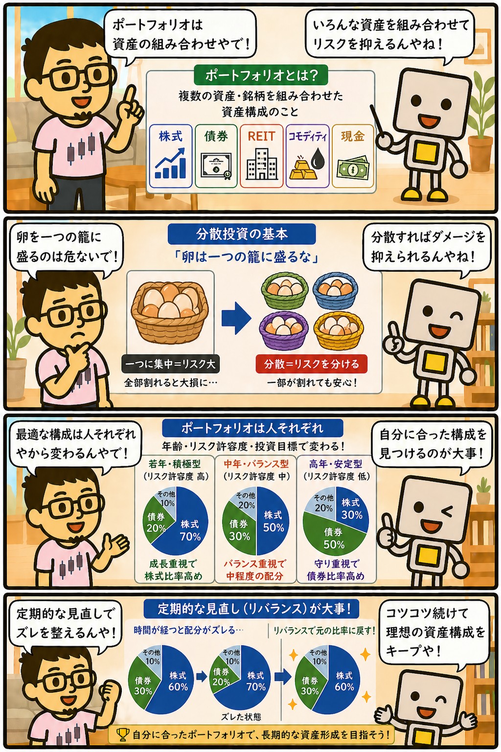 ポートフォリオの構築方法と分散投資を解説する4コマ漫画