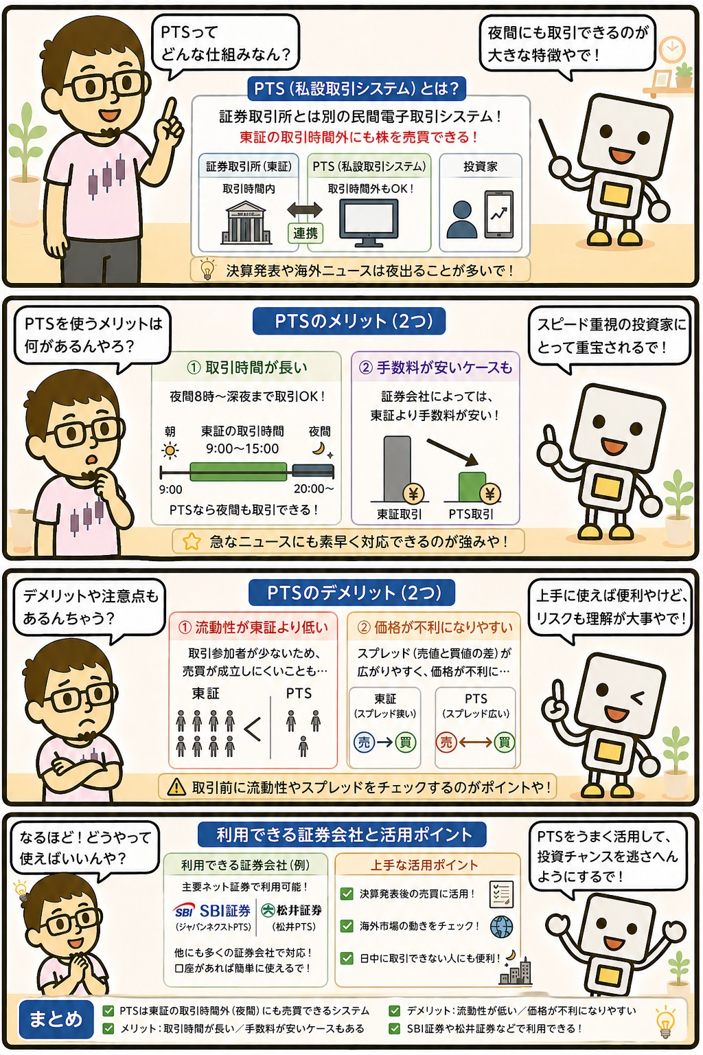 PTS(私設取引システム)の仕組みと時間外取引を解説する4コマ漫画