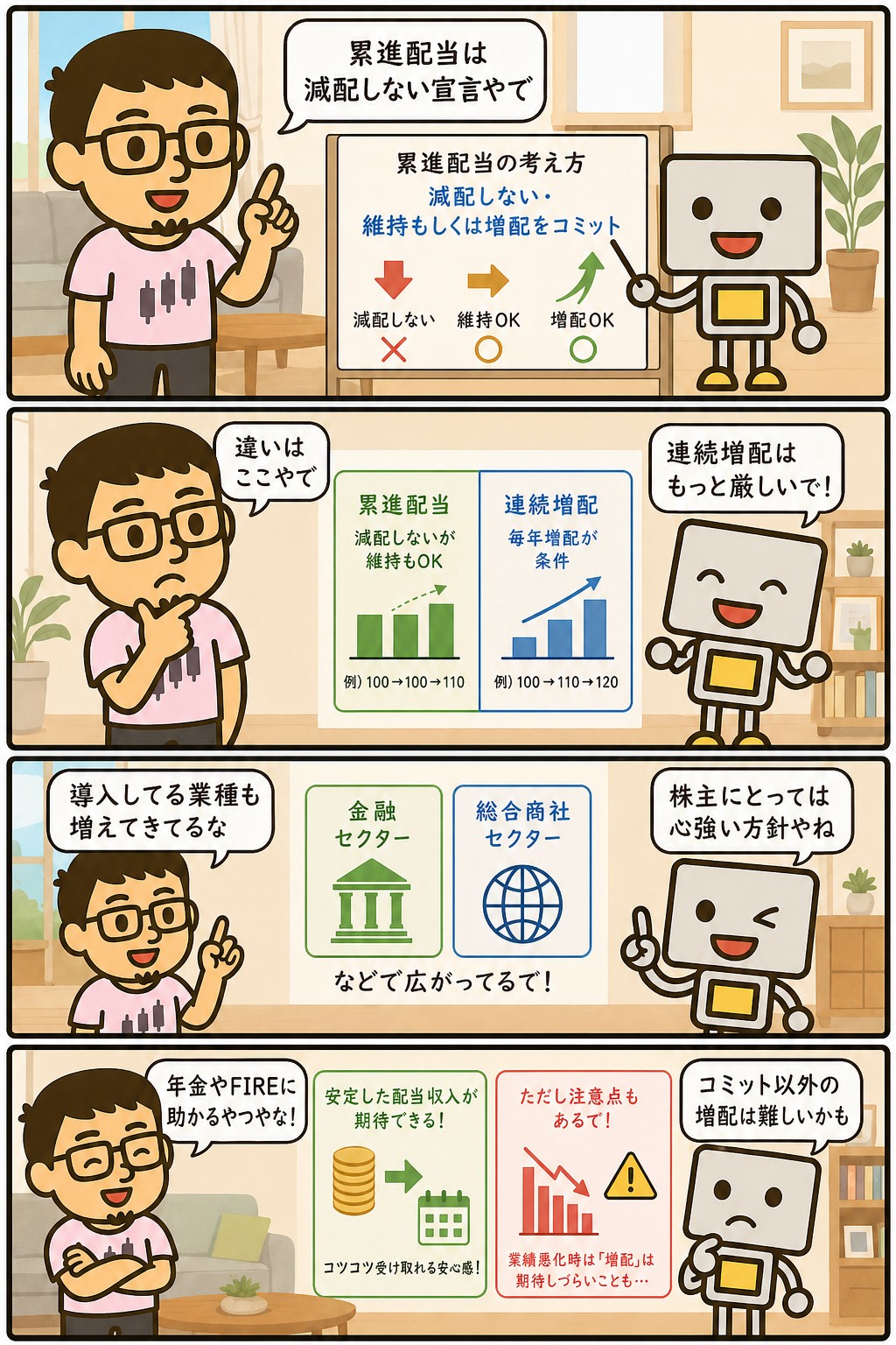 累進配当と連続増配との違いを解説する4コマ漫画
