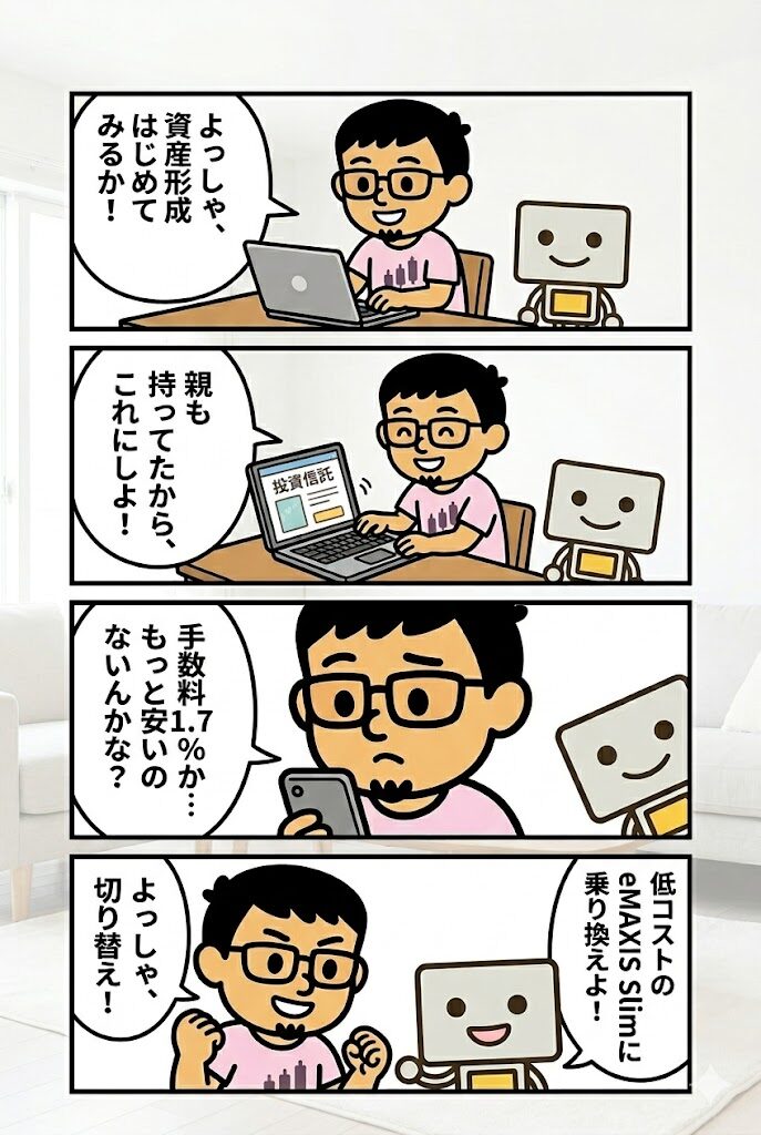 資産形成のきっかけを描いた4コマ漫画。まぐが資産形成を決意し、初めての投資信託購入、手数料の高さに気づき、低コスト商品に乗り換える流れ