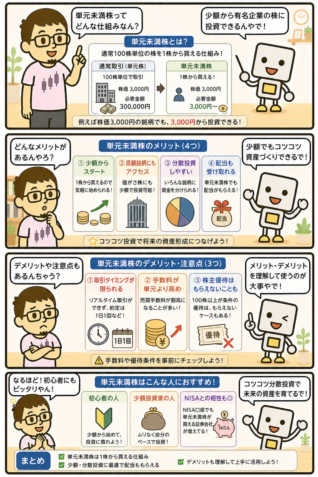 単元未満株の仕組みと少額投資のメリットを解説する4コマ漫画