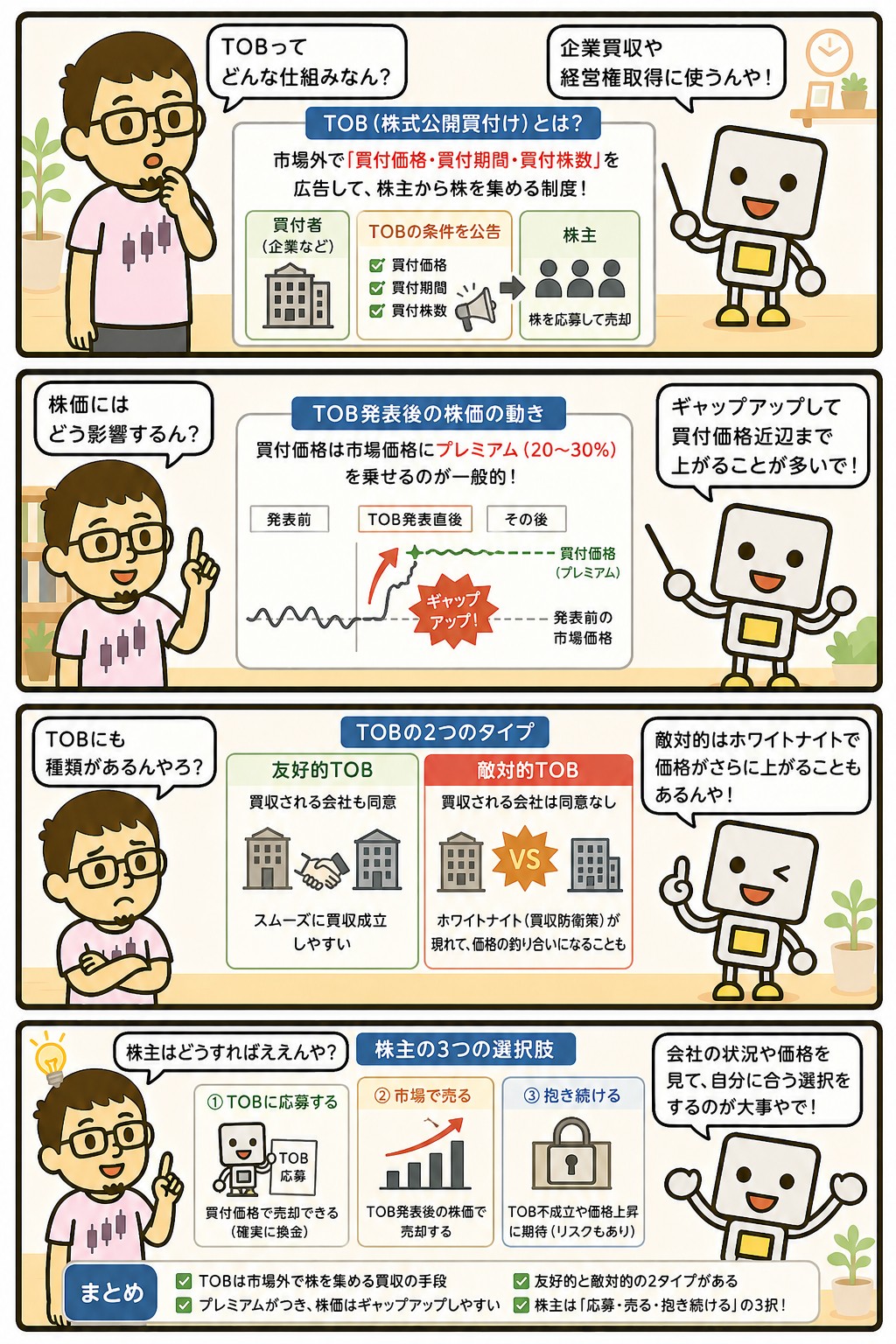 TOB(株式公開買付け)の仕組みと株価への影響を解説する4コマ漫画