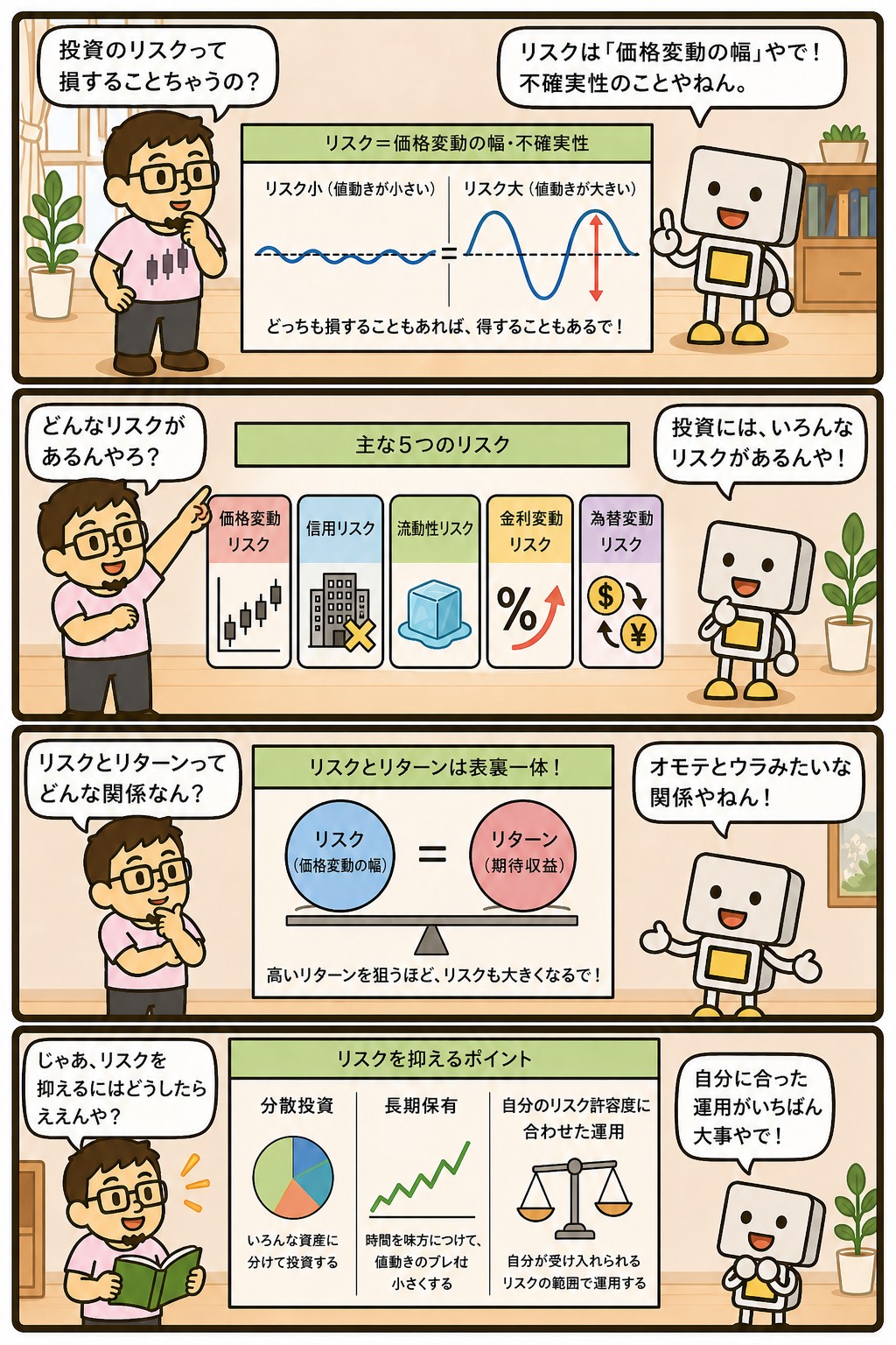 投資のリスクの種類と対策を解説する4コマ漫画