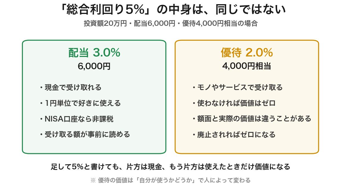投資額20万円で配当6,000円・優待4,000円相当の場合の比較図。配当は現金で1円単位で使えNISAなら非課税、優待はモノで受け取り使わなければ価値がゼロになる