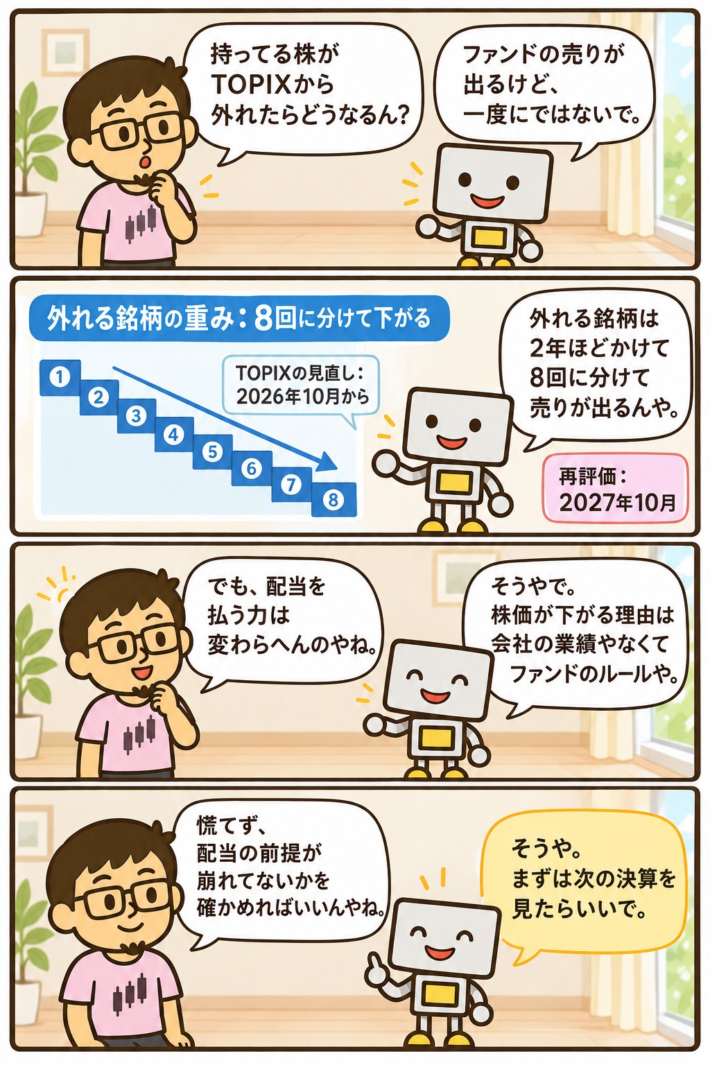 TOPIX見直しを考える4コマ漫画。外れる銘柄の重みは2026年10月から8回に分けて下がり、2027年10月に再評価がある。株価が下がる理由は会社の業績ではなくファンドのルールで、配当を払う力は変わらない。まずは次の決算で配当の前提を確かめればいい