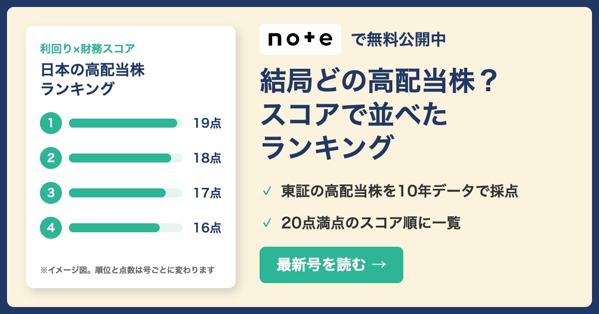 noteで無料公開中:日本の高配当株ランキング(利回り×財務スコア)